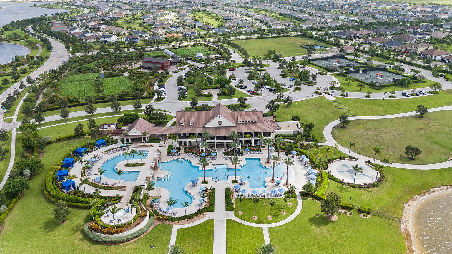 Aerial view of the Arden clubhouse, pool, and community