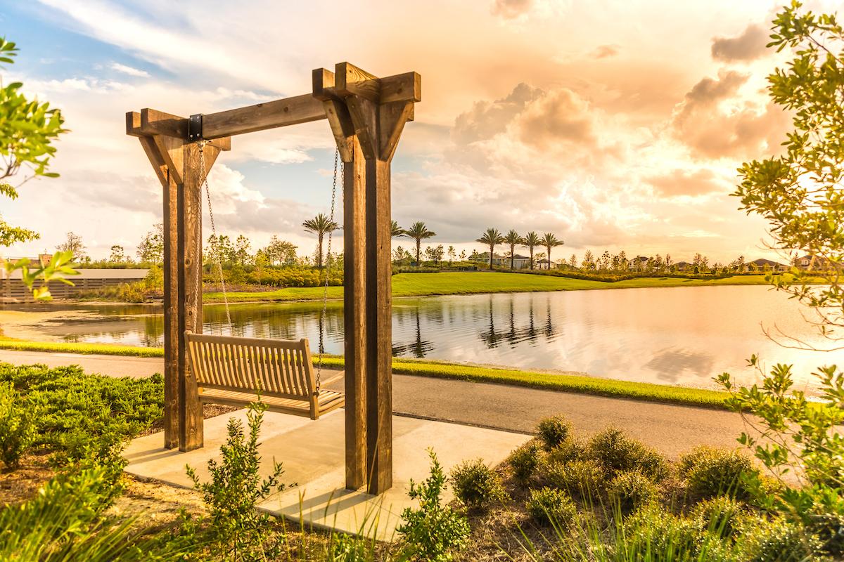 Wooden swing overlooking Arden lake at sunset with palms