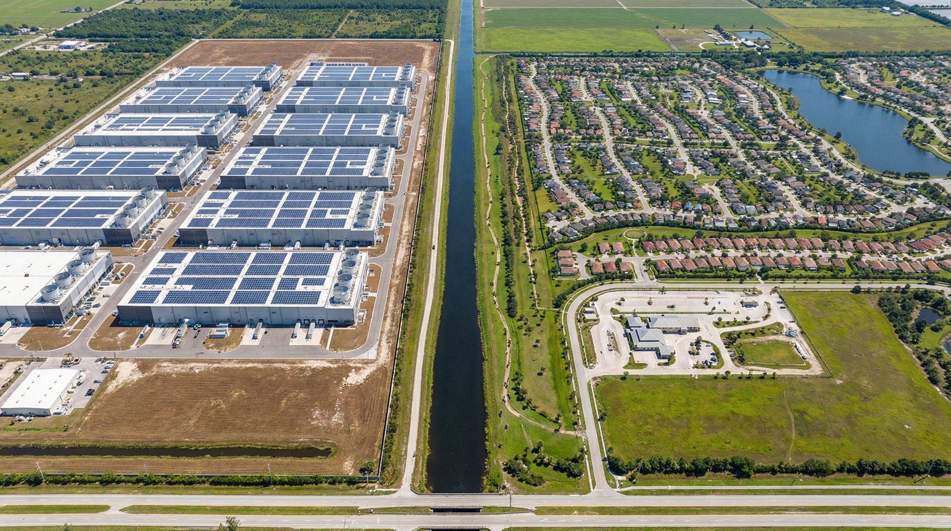 Aerial view of massive data center complex adjacent to residential neighborhood